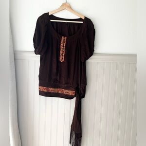 Y2K bebe Dark Brown Blouse with Embroidery Size Small
